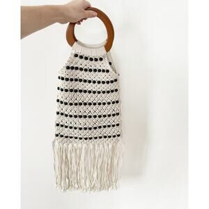 Boho Beaded Crochet Macrame Fringe Bag Wooden Circle Handles